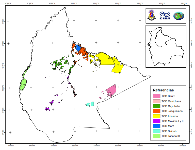 Ubicación geográfica de las nueve TCOs afiliadas a la CPIB